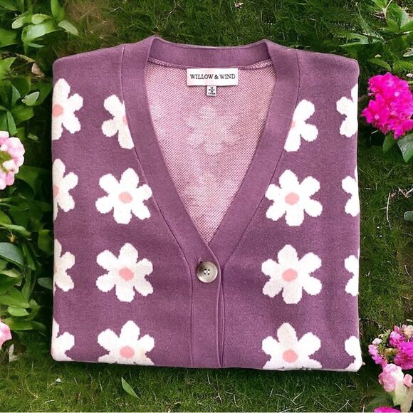 WILLOW & WIND WOMENS LONG SLEEVE CARDIGAN SWEATER DAISY FLORAL BUTTON FRONT MED. - Picture 2 of 6